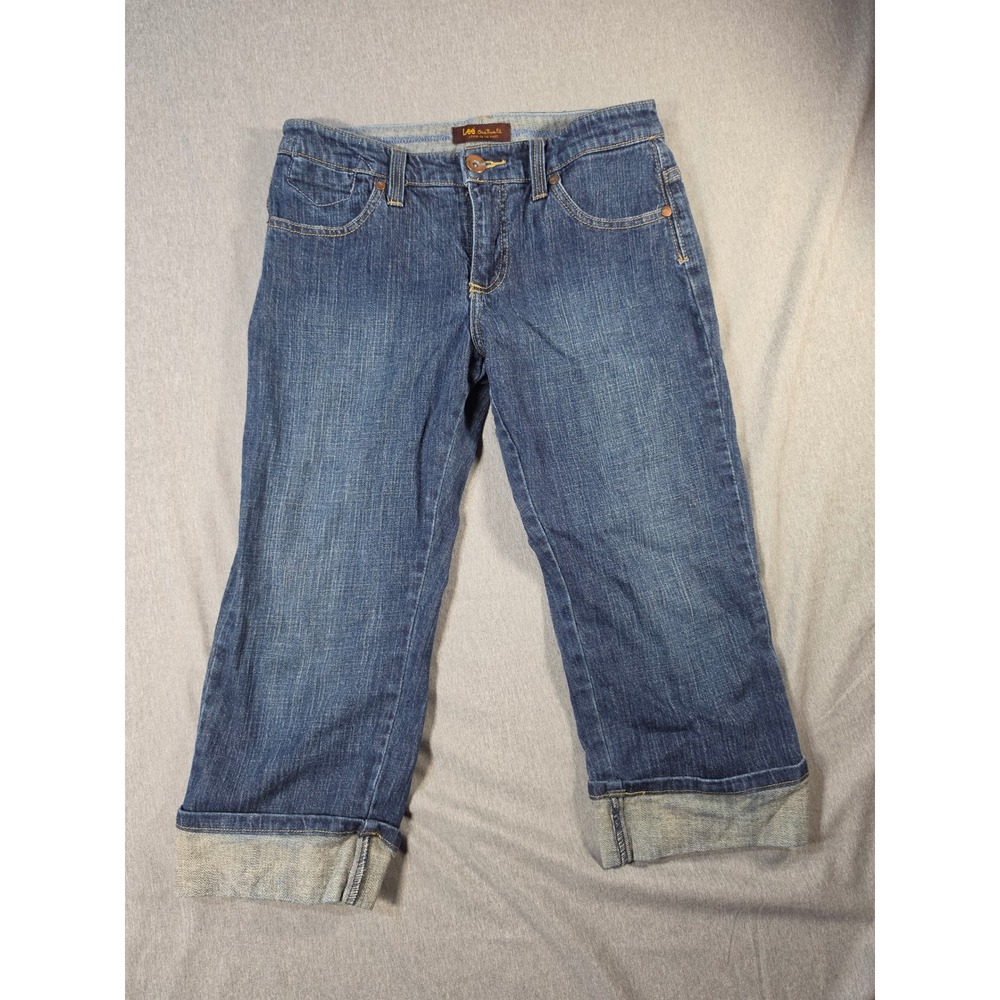 Lee One True Fit Women 4P Medium Wash Denim Cropped Capri Jeans Cuffed Low Rise